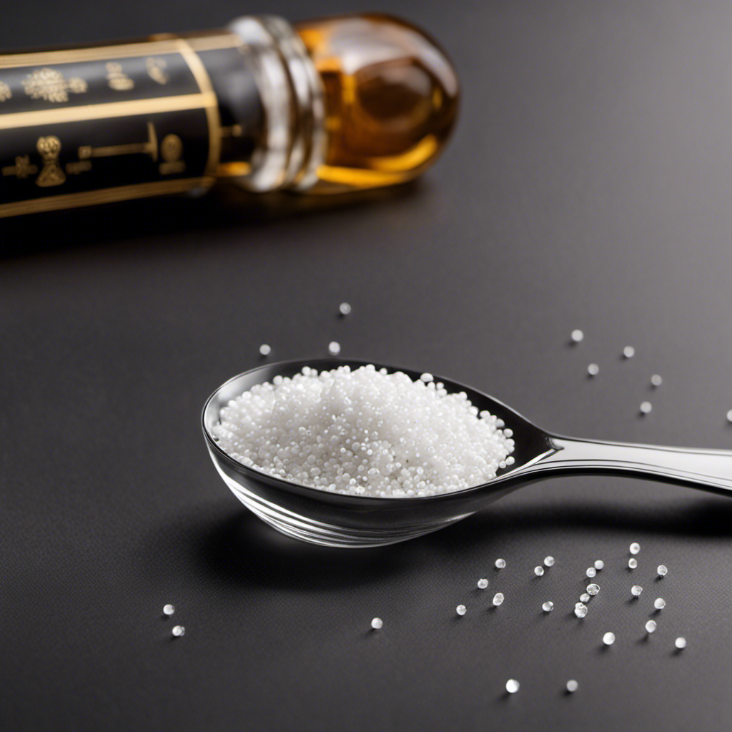 An image depicting a clear glass teaspoon filled with tiny white granules, representing 30 mg of a substance