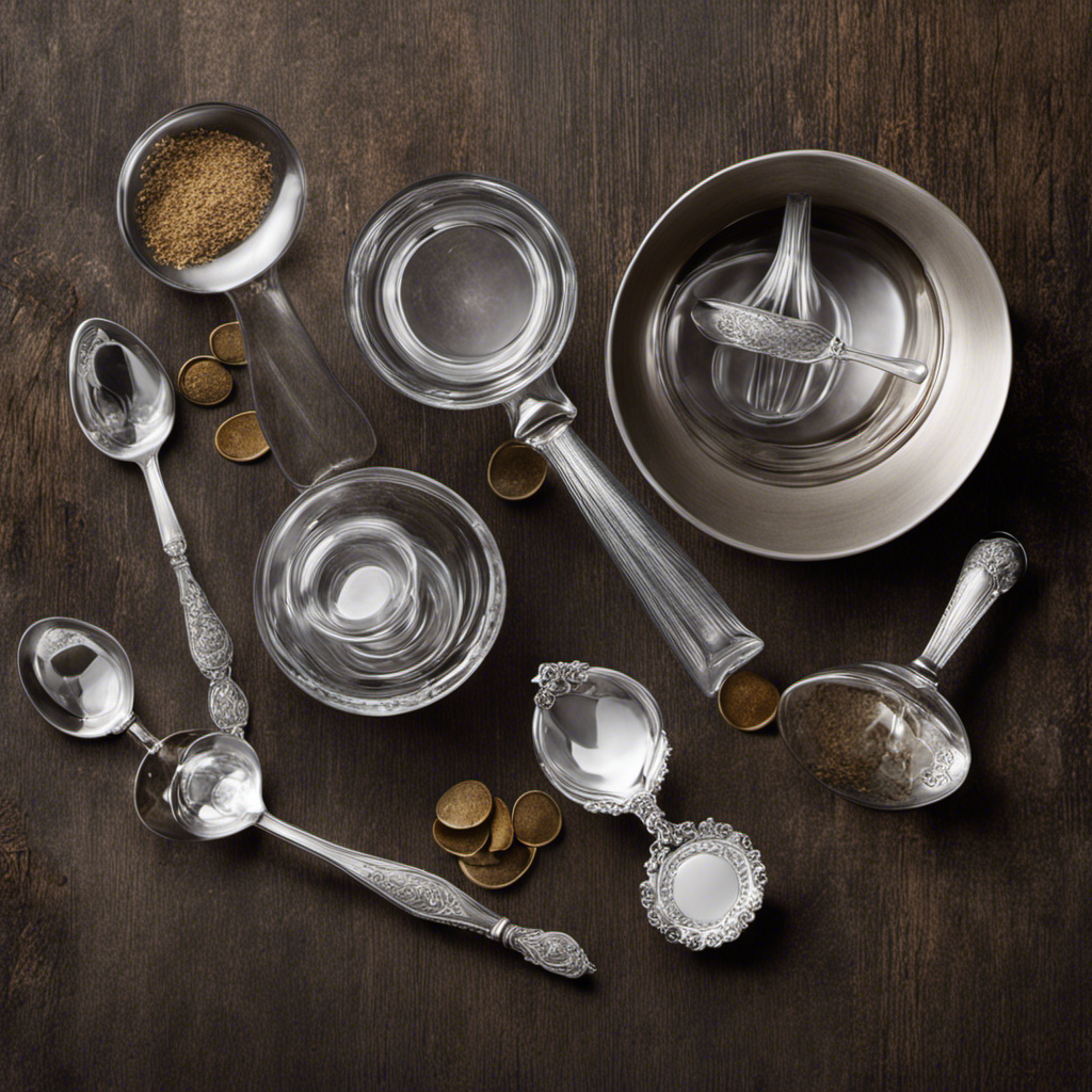 An image showcasing a clear glass measuring cup filled with 30 milliliters of liquid, while a collection of elegant vintage teaspoons surrounds it, illustrating the conversion between milliliters and teaspoons