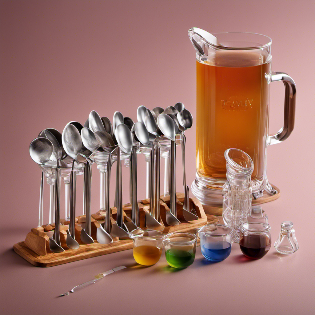 An image featuring a clear measuring cup filled with exactly 30 ml of liquid, surrounded by a collection of precisely measured, neatly arranged teaspoons, illustrating the exact conversion of 30 ml to teaspoons