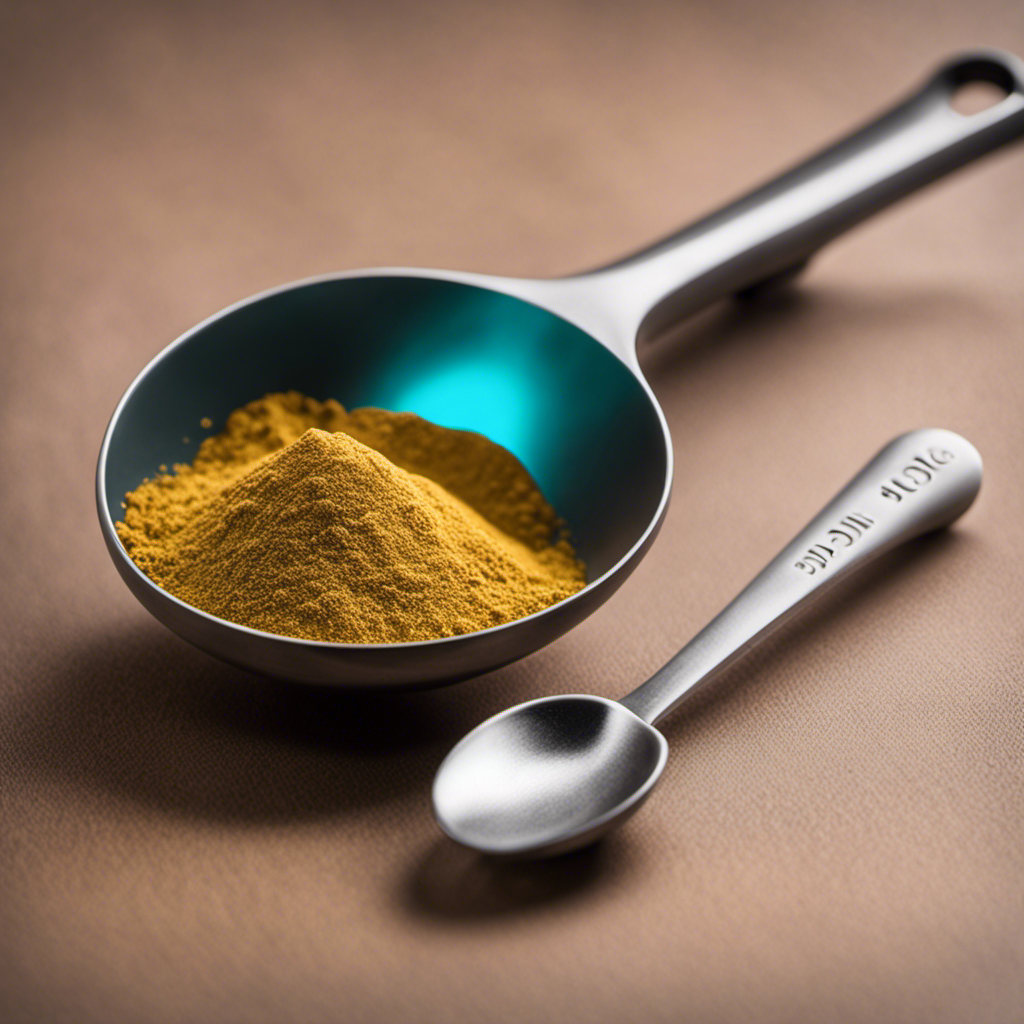 An image showcasing a small measuring spoon filled with 300 mg of fine powder, delicately balanced on a kitchen scale