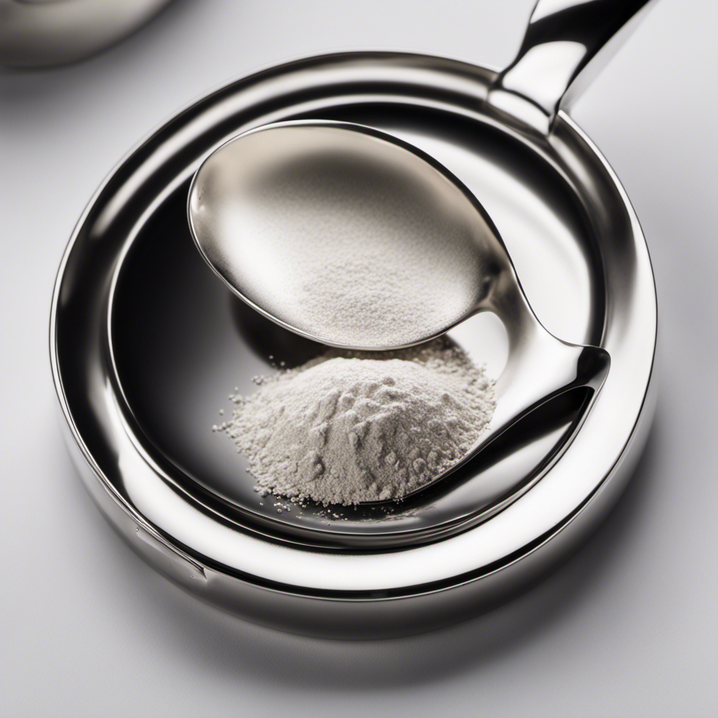 An image showcasing an elegant silver teaspoon filled with precisely measured 3000 mg of a powdered substance, perfectly leveled, against a pristine white background