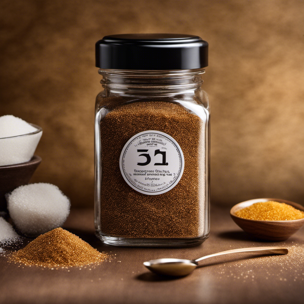 An image showcasing a glass jar filled with precisely measured 32 grams of sugar, poured slowly into a teaspoon, highlighting the exact quantity of sugar in fine granules