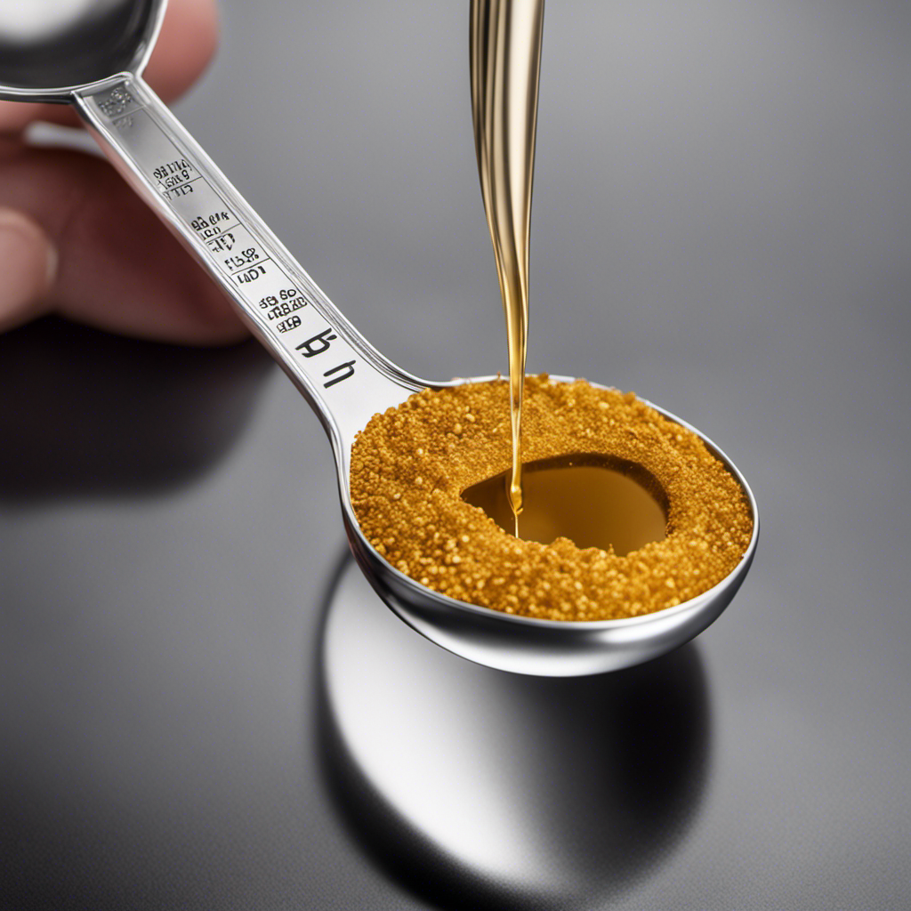 An image depicting a measuring spoon, filled with 322 mg of a substance, being poured into a teaspoon, showcasing the precise measurement conversion from milligrams to teaspoons
