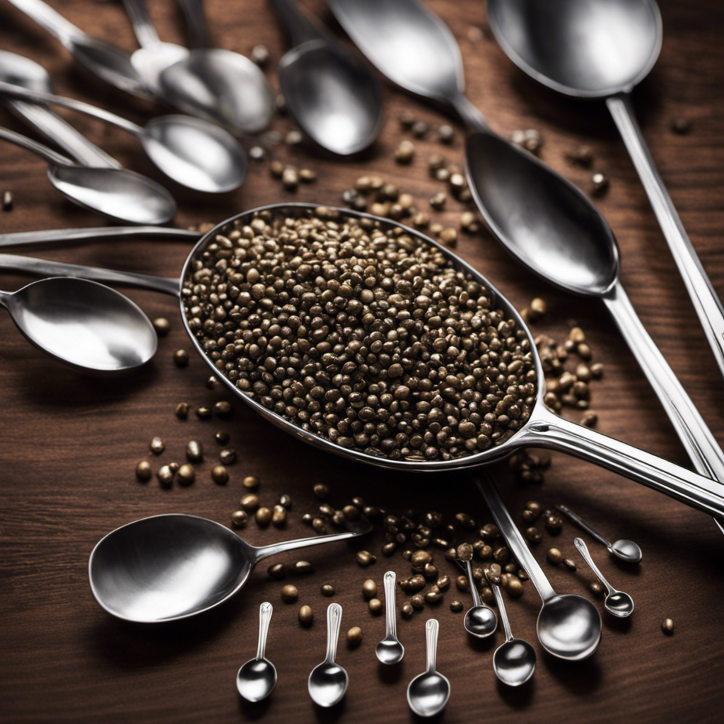 An image illustrating a measuring spoon filled with 37 grams of a substance, surrounded by a pile of loose teaspoons, representing the conversion of 37 grams into teaspoons