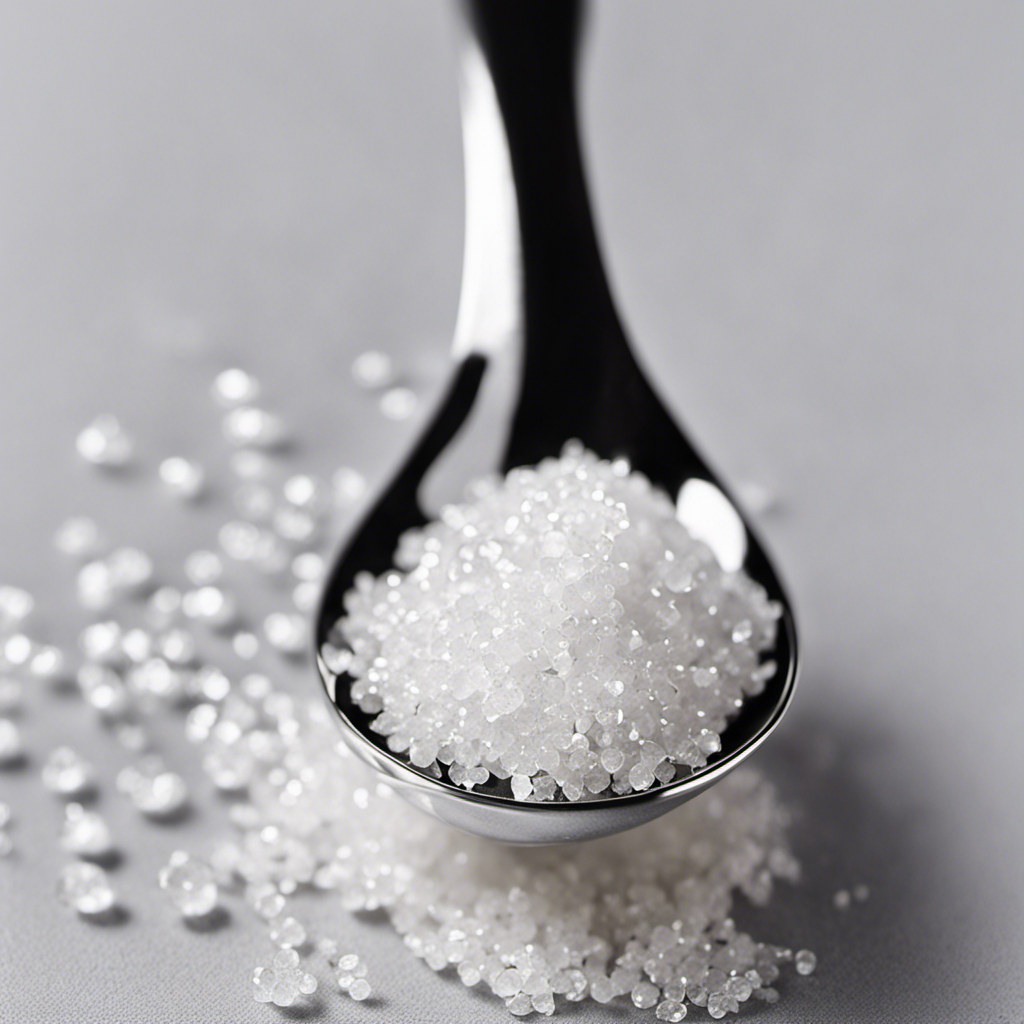 An image of a teaspoon overflowing with delicate white sugar crystals, precisely measuring 39 grams