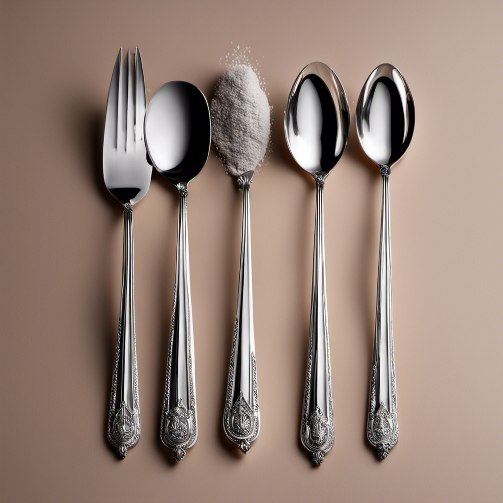 An image showcasing four elegant, silver teaspoons delicately holding a precise amount of four grams of a fine powder, emphasizing the conversion between grams and teaspoons for a captivating blog post