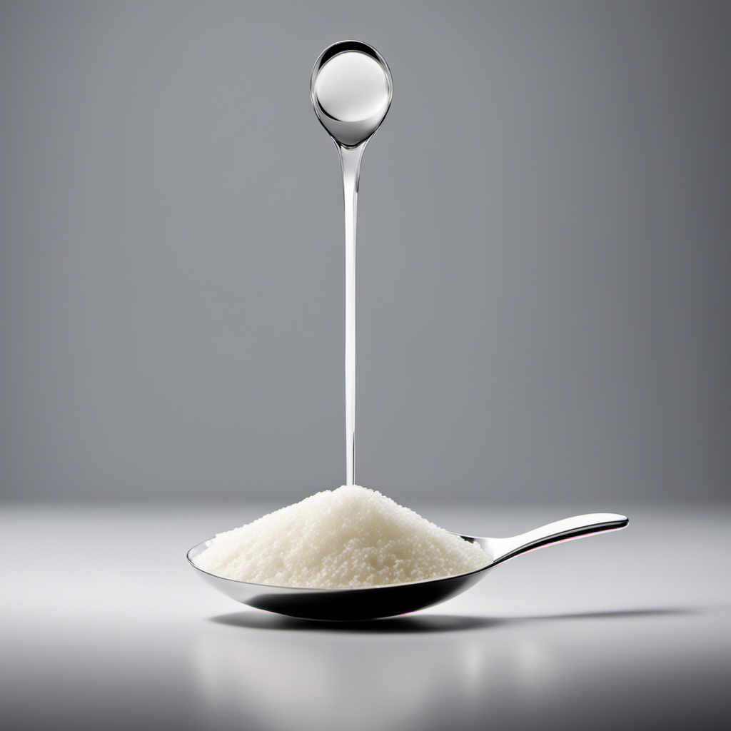 An image showcasing a measuring spoon filled with 4 grams of fine white agar powder, delicately heaped at the edge, with a pristine white background and precise lighting to convey accuracy and clarity