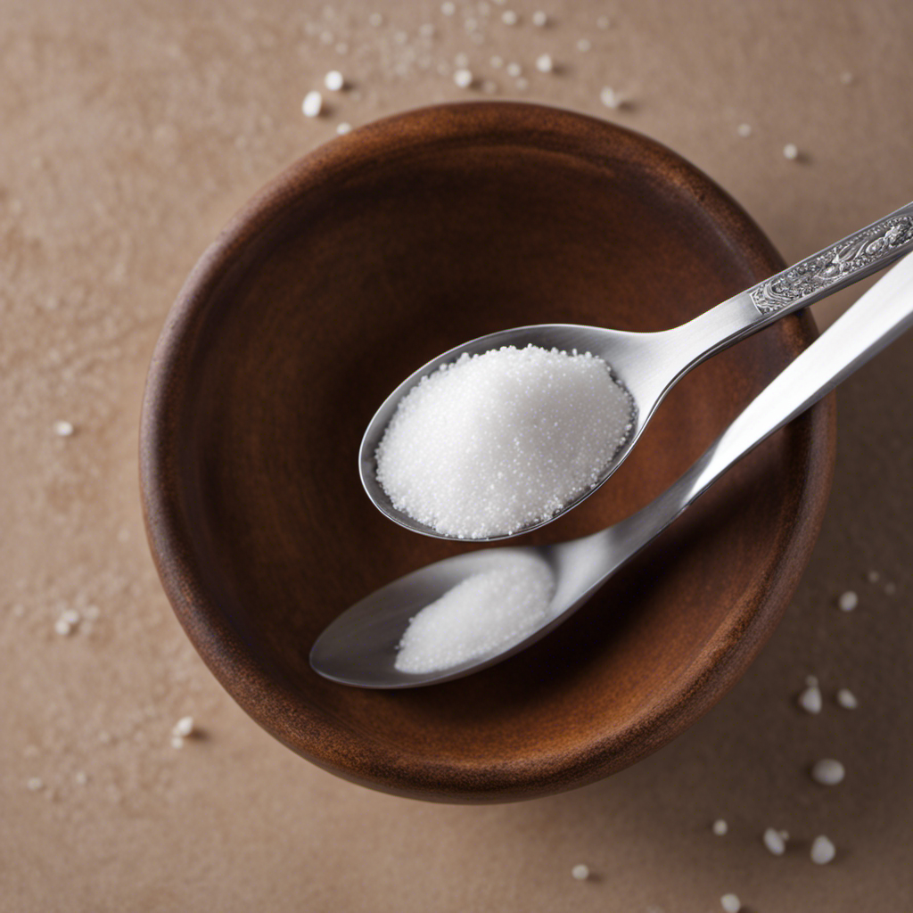An image showcasing a precise measurement of 4 grams of salt poured into a teaspoon, emphasizing the granulated texture, with the spoon's bowl brimming but not overflowing