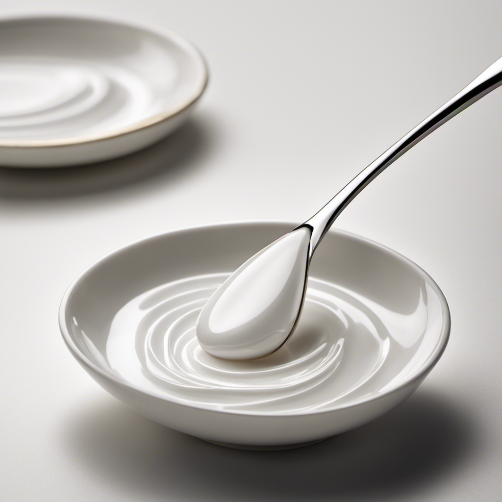 An image depicting a delicate porcelain teaspoon filled with 4 grams of sugar, gently pouring its contents onto a gleaming white surface, showcasing the precise measurement in a visually captivating manner