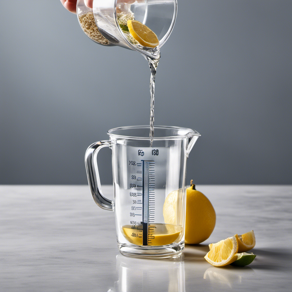 An image showcasing a clear measuring cup filled with precisely 4 ounces of water, while a teaspoon hovers above, delicately pouring water into it, illustrating the equivalent measurement in teaspoons