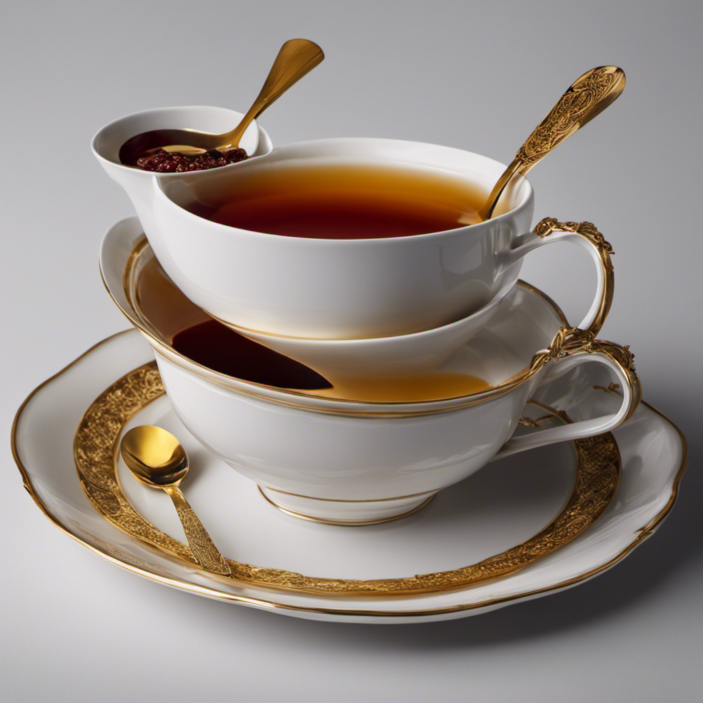 An image showcasing four identical teaspoons, each filled to the brim with tea, overflowing into an empty cup