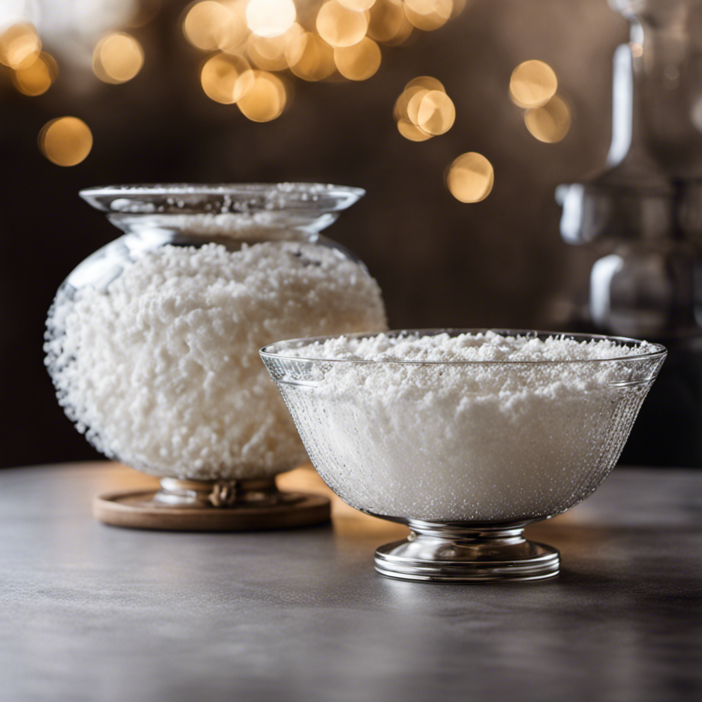 An image showcasing two glass bowls side by side, one filled with 4 teaspoons of fine white baking powder, the other with an equal amount of granulated baking soda