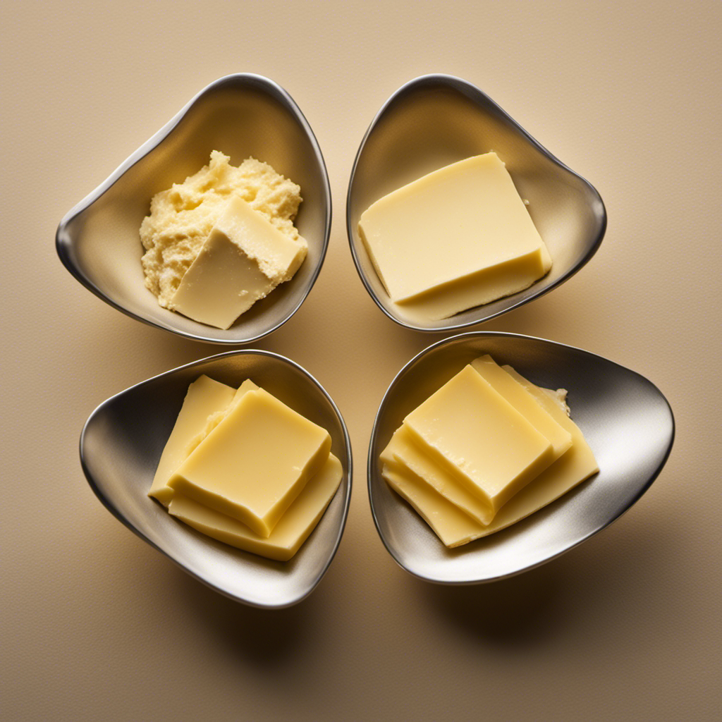 An image showcasing four delicate teaspoons of butter, perfectly measured and arranged in a neat row