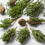 An image showcasing four delicate teaspoons, each brimming with vibrant, fragrant fresh thyme leaves