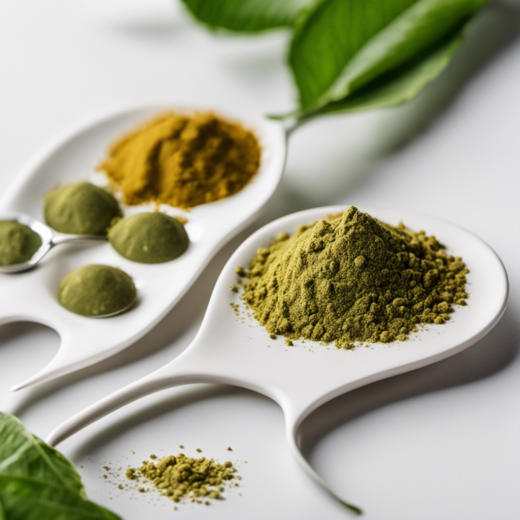 An image showcasing four neatly measured teaspoons of Kratom powder, with each teaspoon delicately arranged in a row on a pristine white surface, emphasizing the precise measurement and illustrating the topic of the blog post
