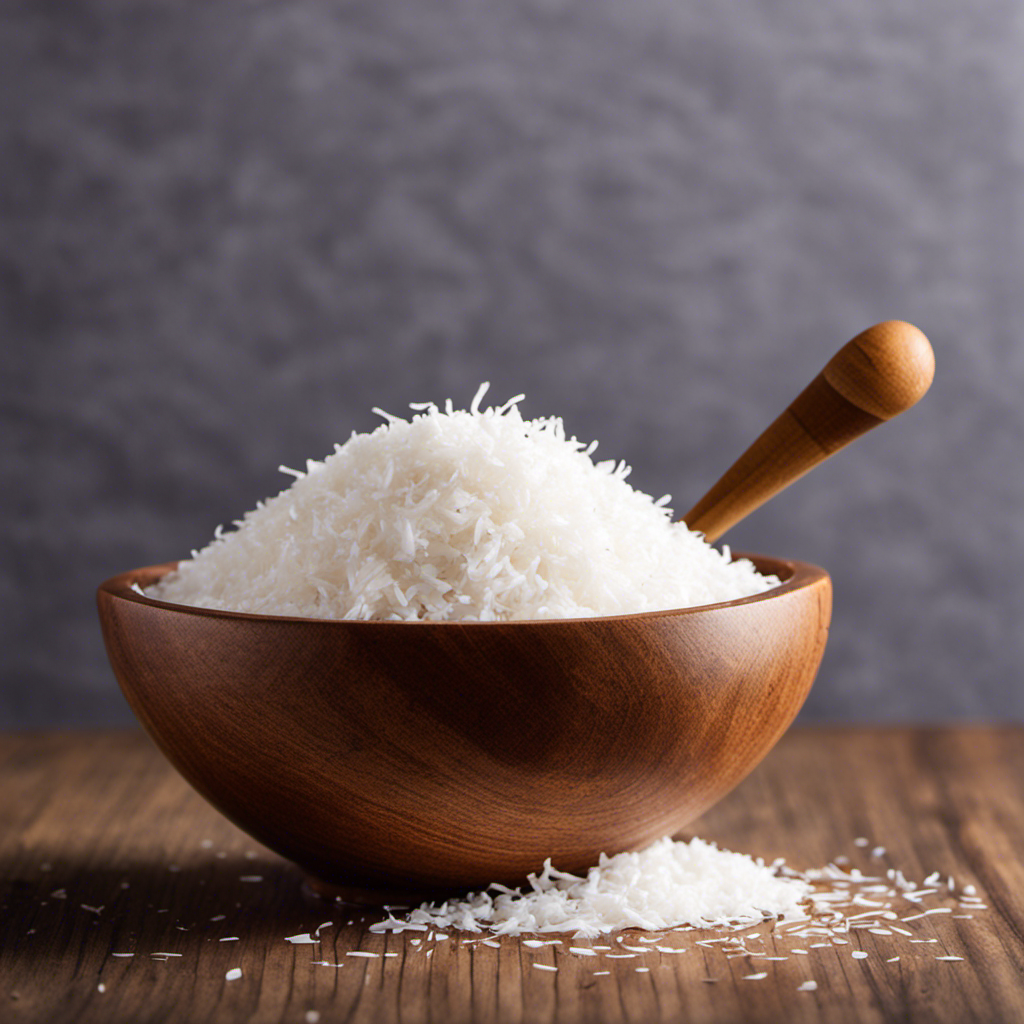 An image showcasing a small bowl filled with precisely measured 40 grams of finely shredded coconut