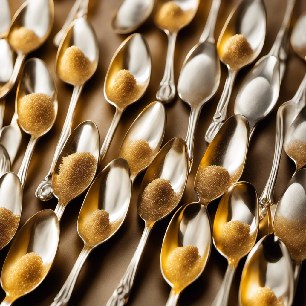 An image showcasing 40 neatly stacked teaspoons of sugar, each filled to the brim, casting a shimmering golden glow