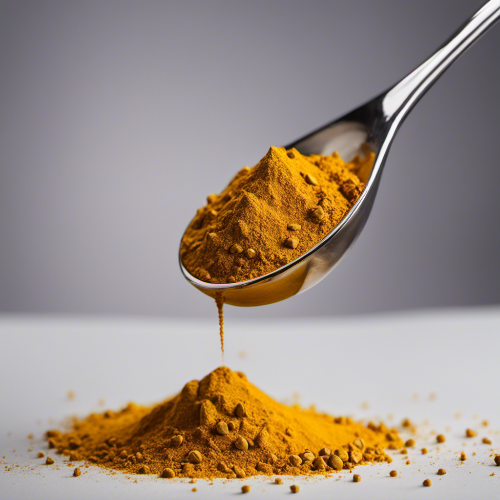 An image showcasing a measuring spoon filled with 400-600 mg of vibrant, golden turmeric powder, artfully capturing its precise quantity