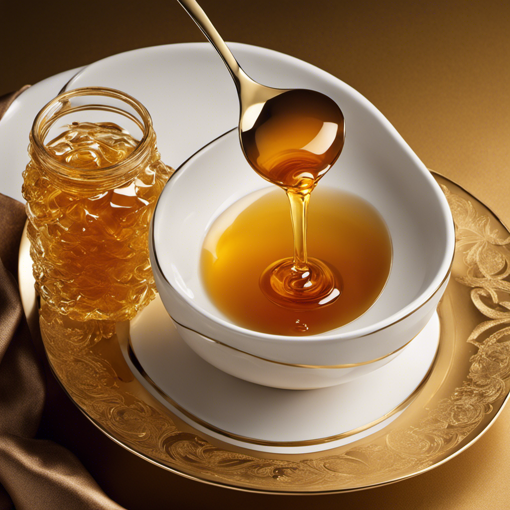 An image featuring a delicate porcelain teaspoon, gently scooping up a shimmering golden pool of honey, capturing the exact amount of 40 grams