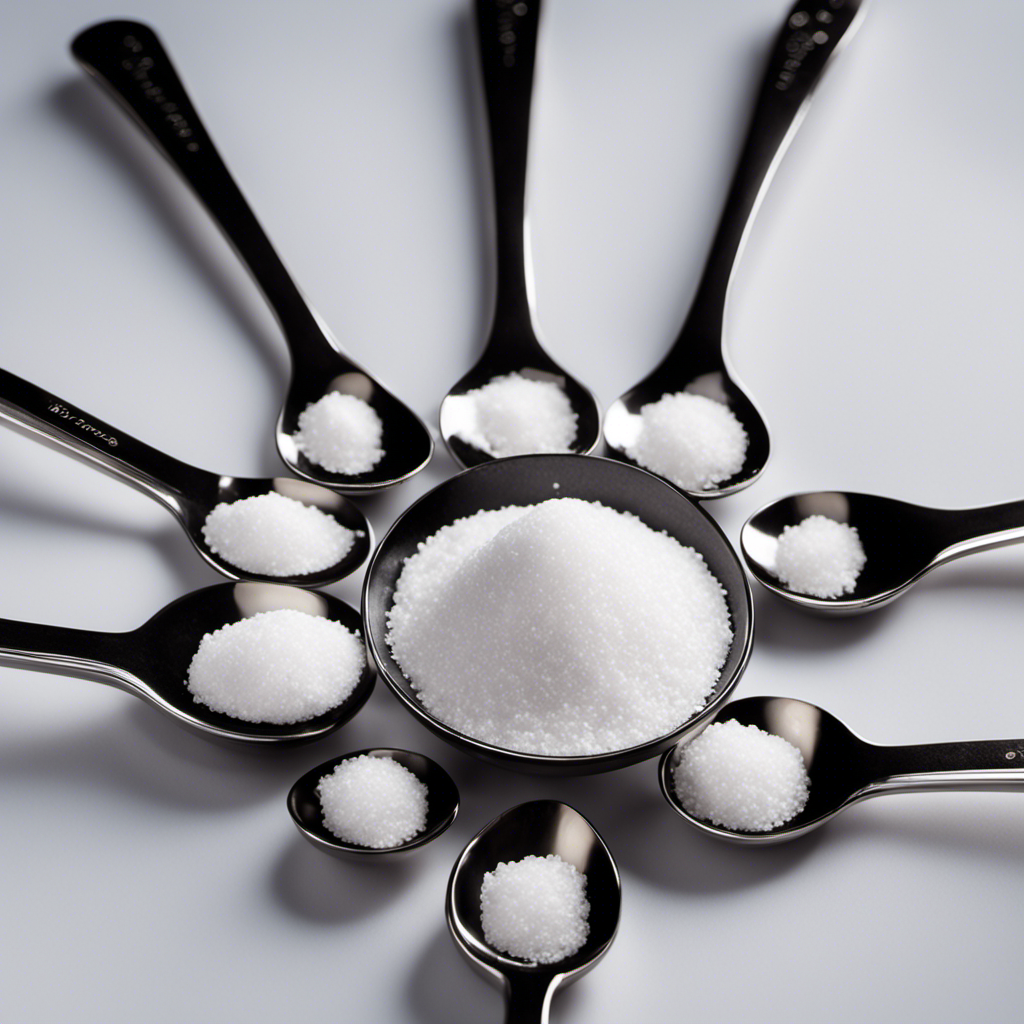 An image showcasing a measuring spoon filled with 4100 mg of salt, surrounded by various teaspoons in different sizes to visually depict the equivalent amount of salt in teaspoons