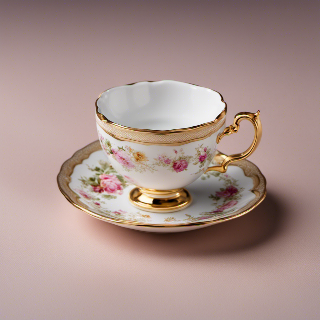 An image showcasing a delicate, vintage teaspoon gently pouring 44 grams of a fine powdered substance into a dainty, porcelain teacup