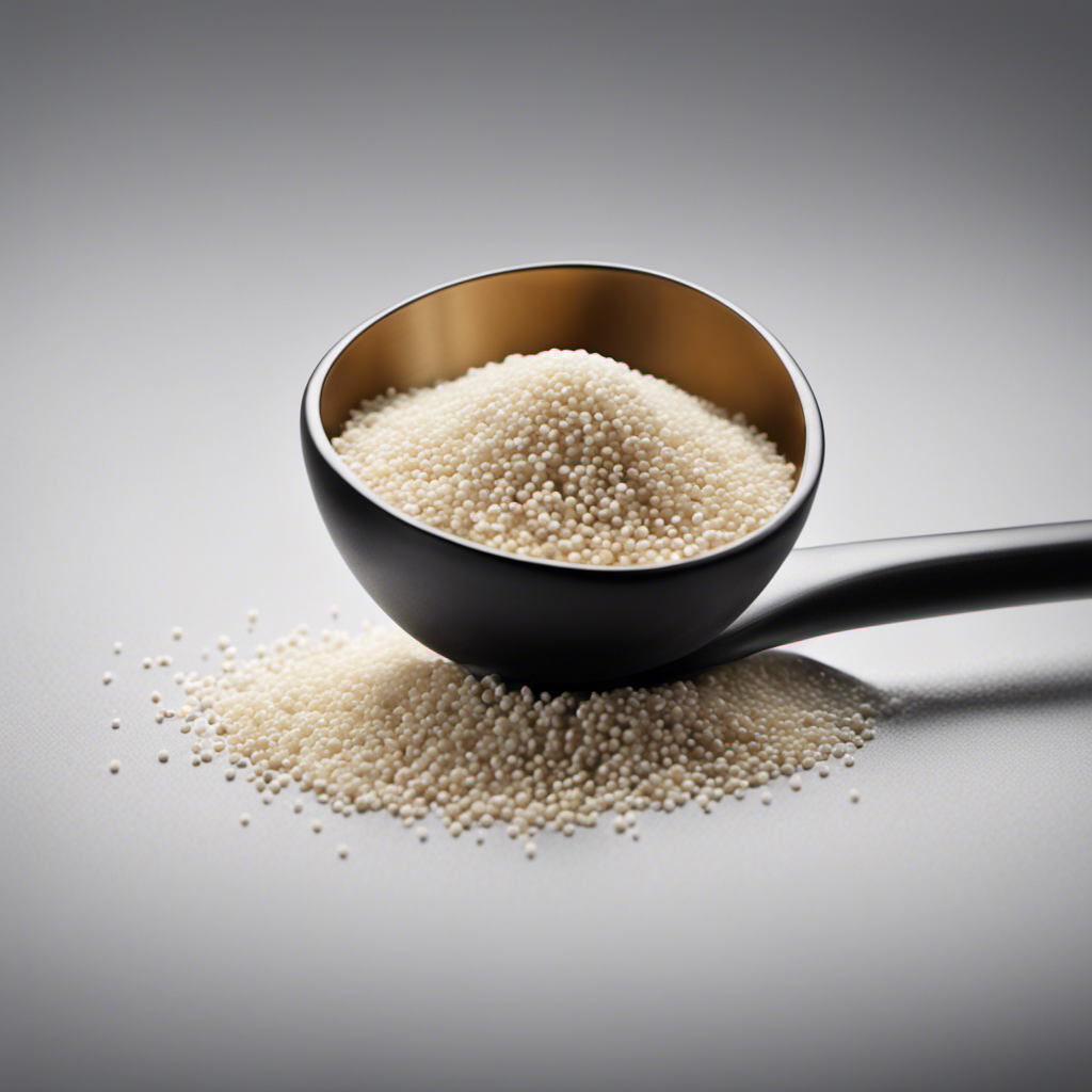 An image showcasing a sleek white teaspoon brimming with fine granules, precisely measuring 450 mg