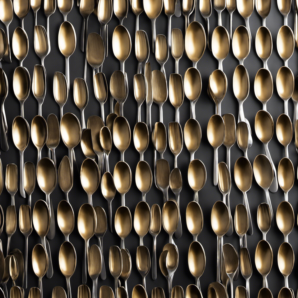 An image showcasing a neat arrangement of 450 small, gleaming teaspoons, forming a mesmerizing pattern