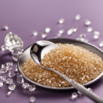 An image showcasing 46 grams of sugar in teaspoons, with a close-up shot of a teaspoon filled to the brim with sugar crystals