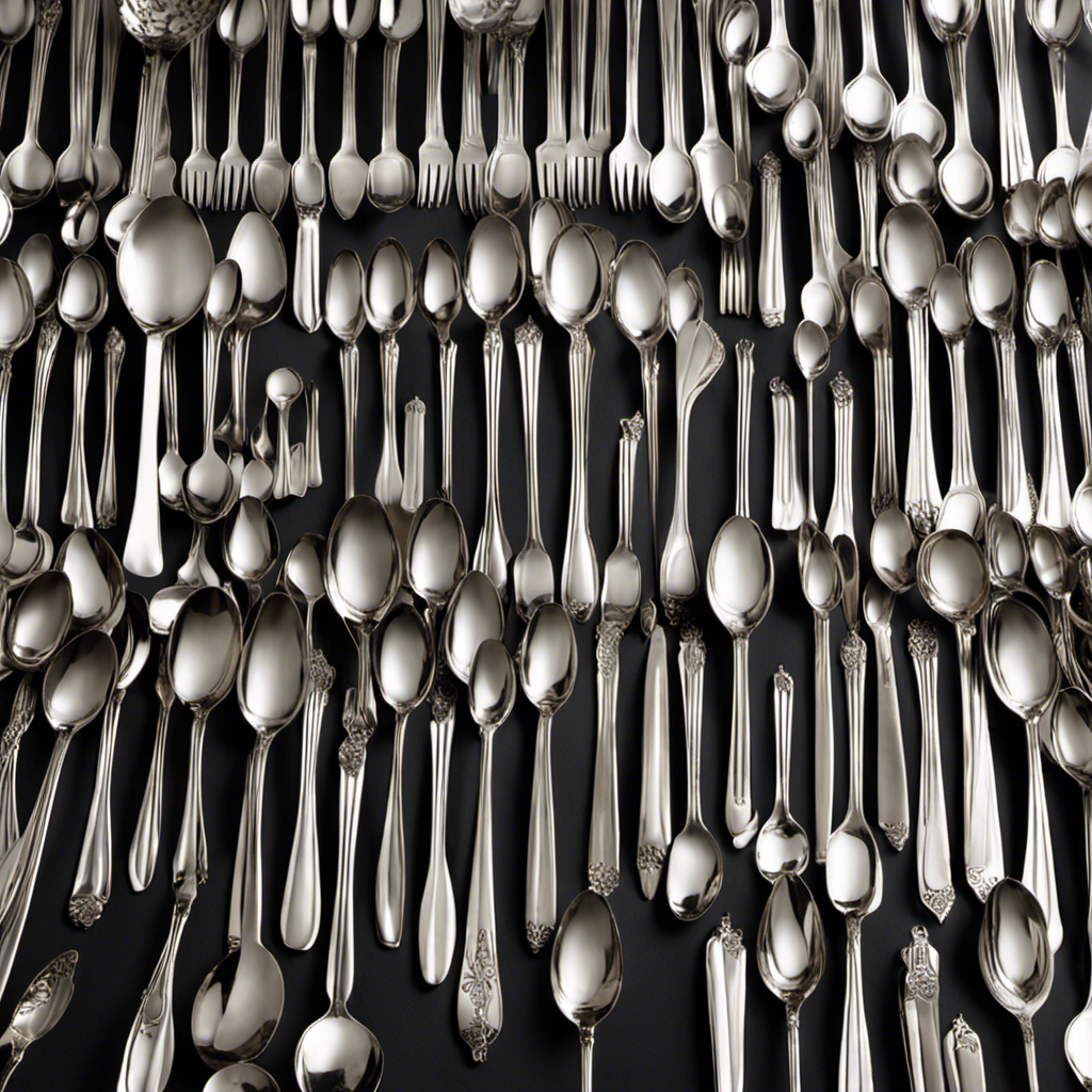 An image showcasing 48 neatly arranged, gleaming teaspoons, forming a symmetrical pattern