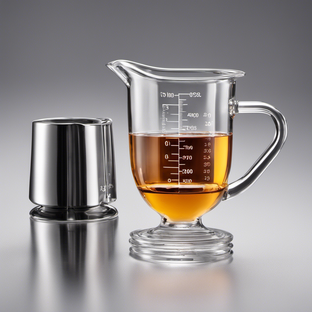 An image showcasing a clear measuring cup filled with 5-10 ml of liquid, with a teaspoon placed beside it for comparison