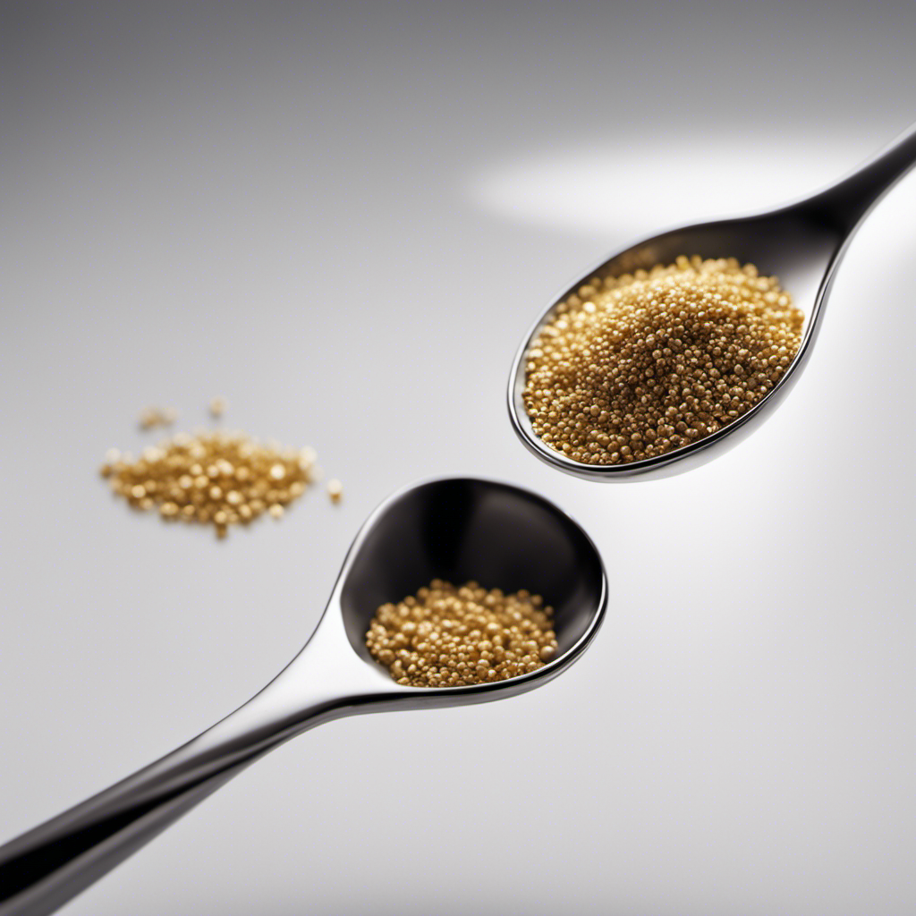 An image depicting a shiny silver teaspoon delicately pouring tiny granules resembling 5 grams onto a digital scale, showcasing the precise measurement conversion of grams to teaspoons