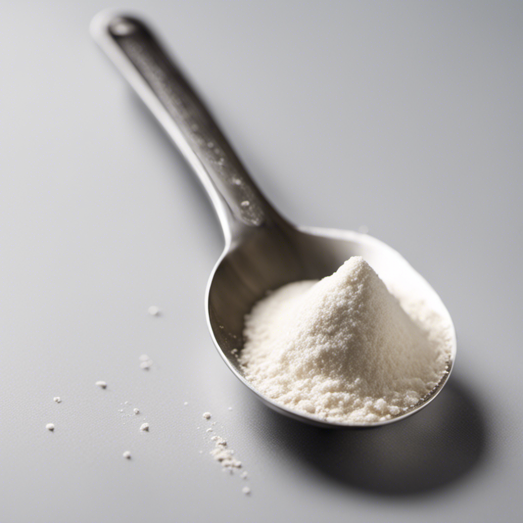 An image showcasing a measuring spoon filled with precisely 5 grams of baking powder, gently pouring it into a teaspoon