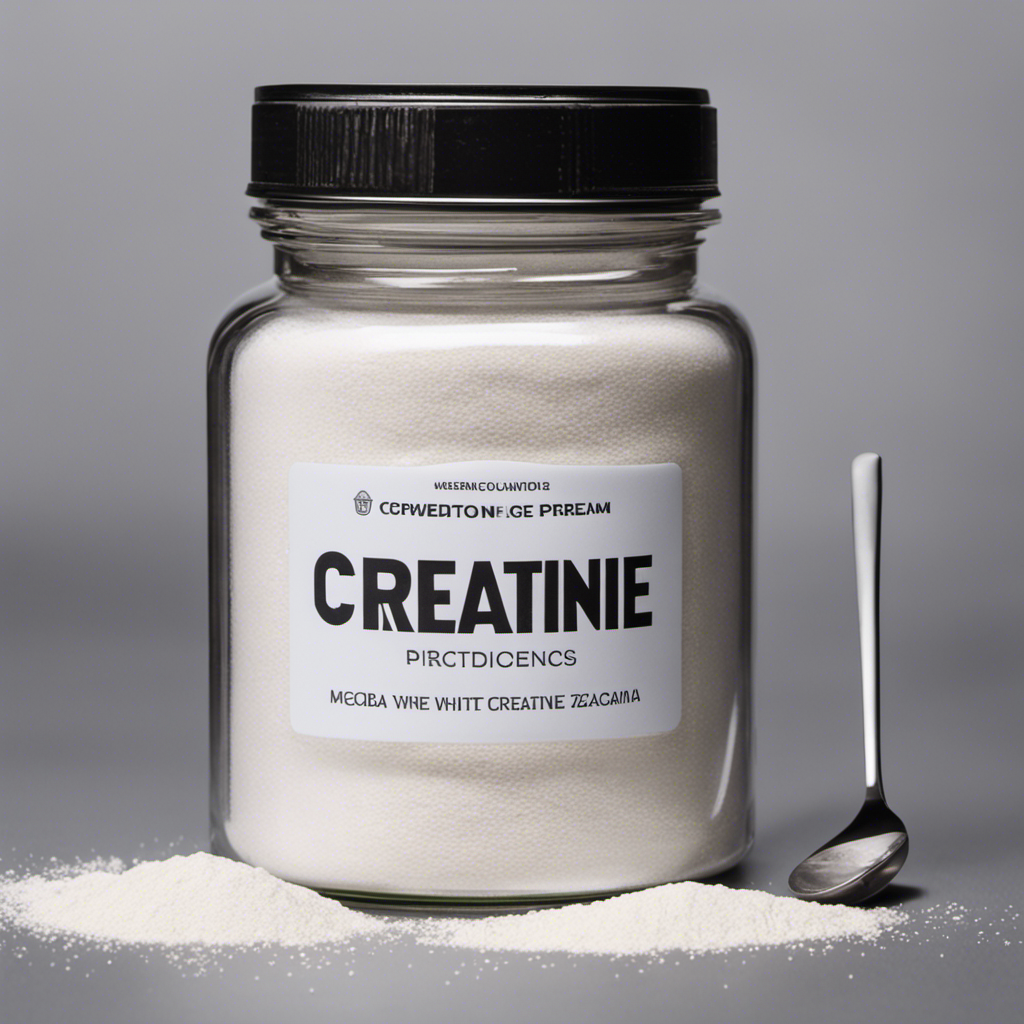 An image showcasing a clear glass jar filled with precisely measured 5 grams of white powdered creatine
