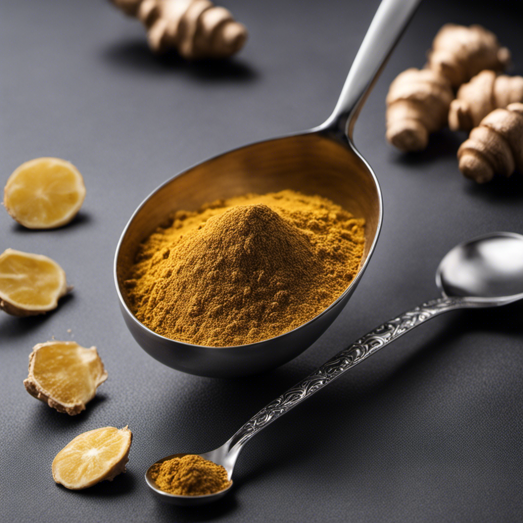 An image showcasing a delicate silver teaspoon filled with precisely measured 5 grams of ginger powder