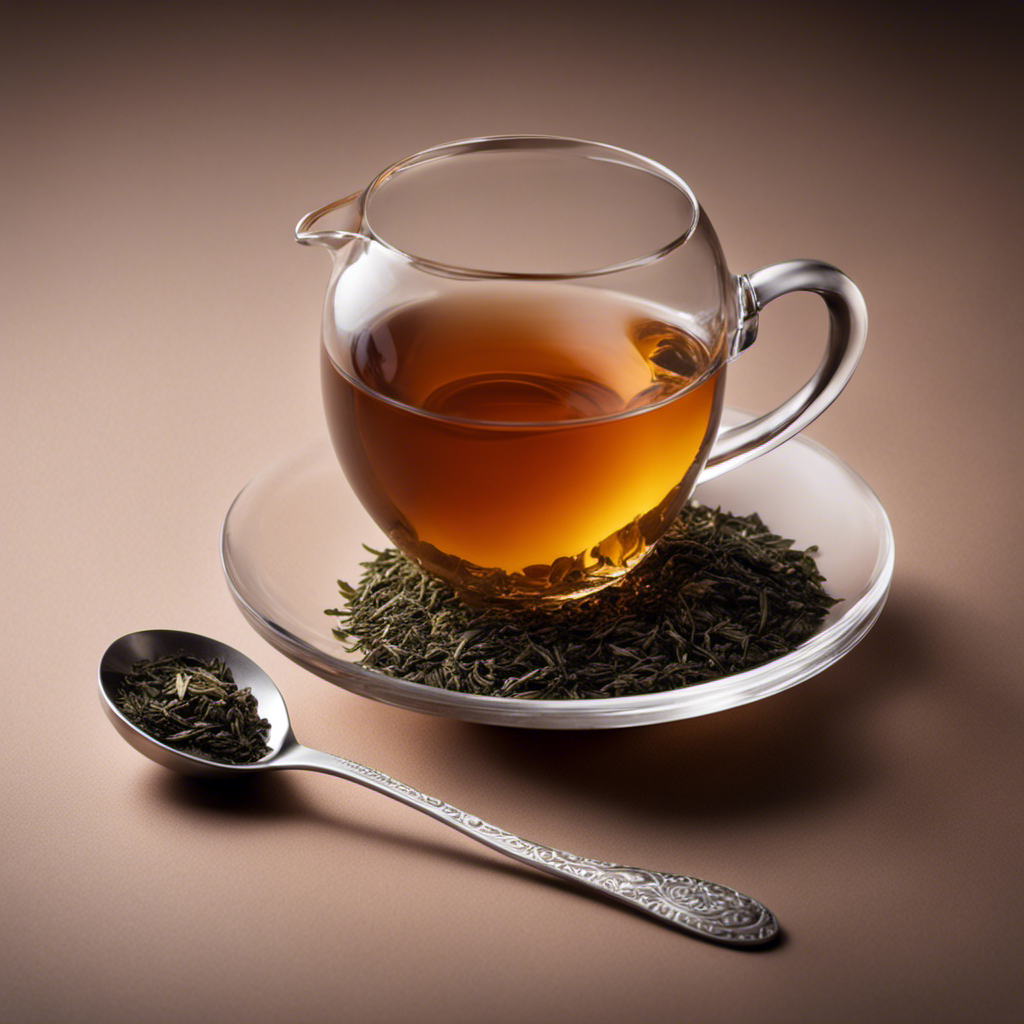 An image showcasing a delicate teaspoon filled with 5 milligrams of a substance, captured against a backdrop of loose tea leaves