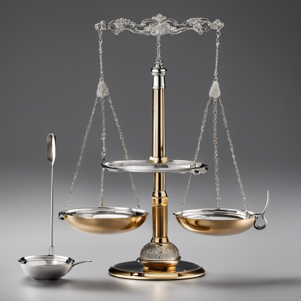An image showcasing a delicate, balance scale with a teaspoon on one end and 5 minuscule milligram weights on the other, elegantly illustrating the conversion from milligrams to teaspoons