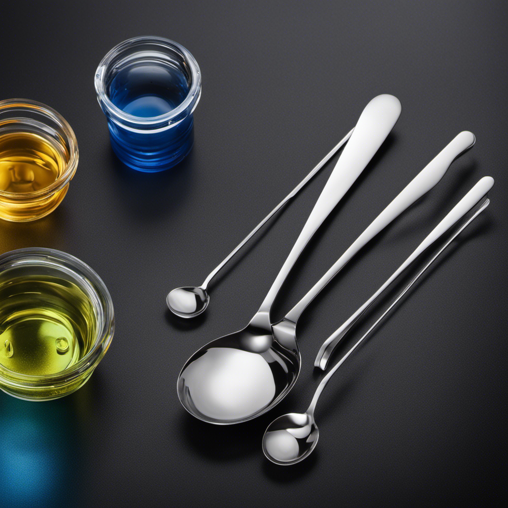 An image showcasing a measuring spoon filled with 5 milliliters of liquid, perfectly aligned with a teaspoon and a tablespoon