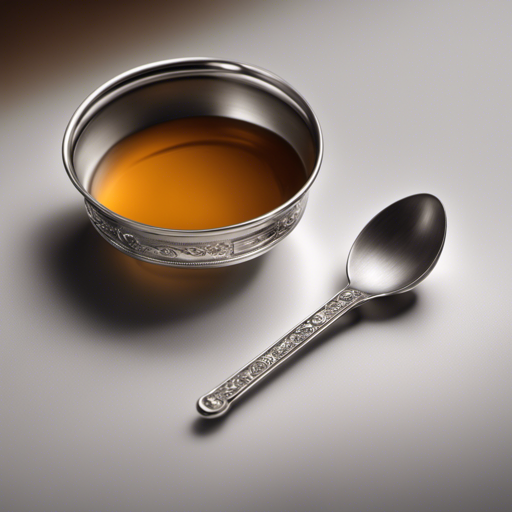 An image showcasing a small, precise measuring spoon filled with exactly 5 milliliters of liquid, juxtaposed with a traditional teaspoon to visually illustrate the conversion between the two measurements