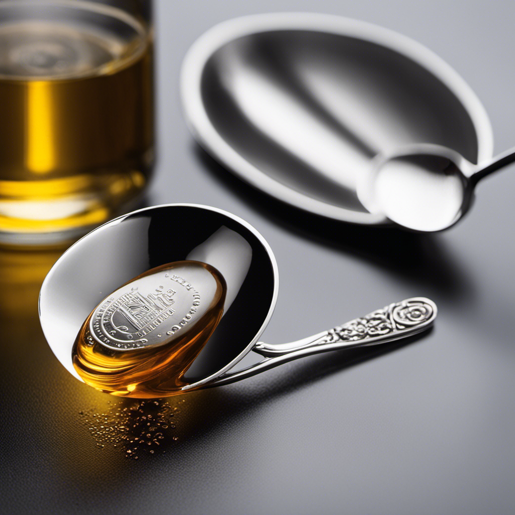 An image showing a small measuring spoon filled with precisely half an ounce of a liquid substance