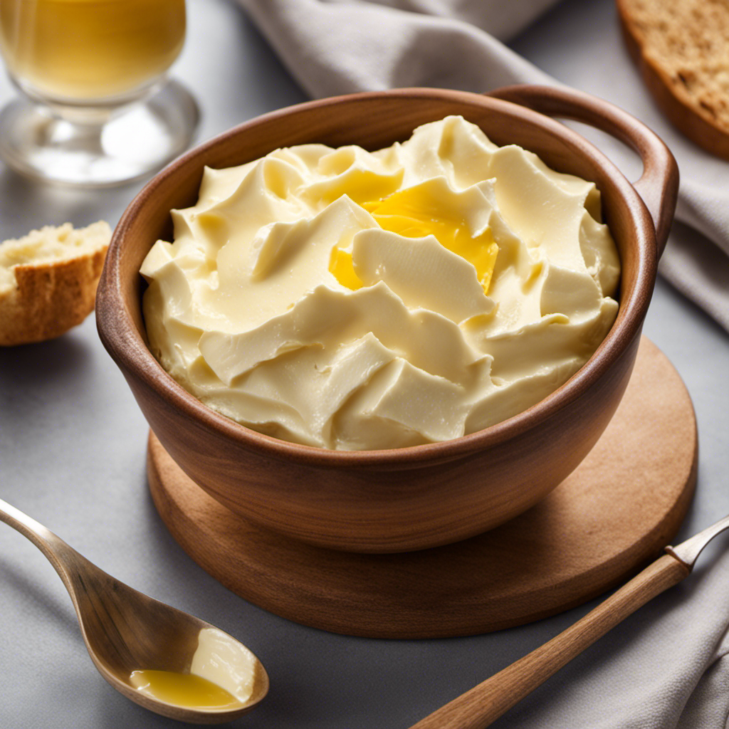 An image showcasing a small bowl with 5 precisely measured teaspoons of creamy butter, gently melting on a warm slice of freshly baked bread, capturing the perfect ratio for a delectable treat