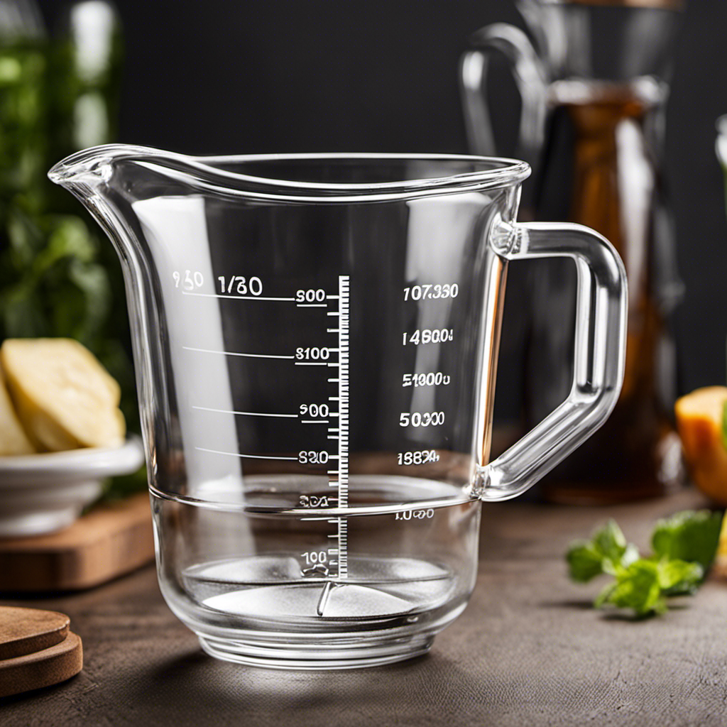 An image showcasing a clear glass measuring cup perfectly filled with 5 teaspoons of liquid, highlighting the measurement lines and the proportionate amount of liquid in cups