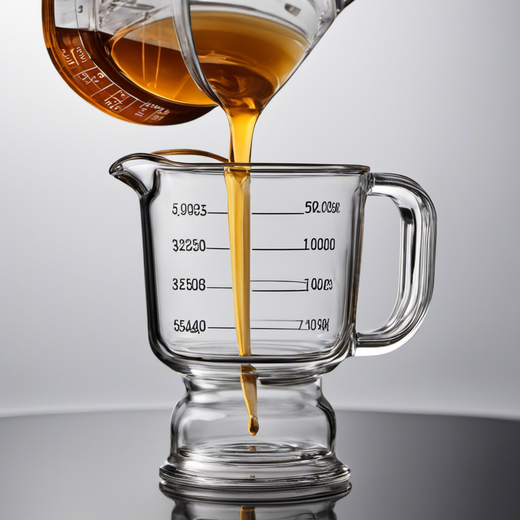 An image showcasing a clear glass measuring cup perfectly filled with 5 teaspoons of liquid, highlighting the measurement lines and the proportionate amount of liquid in cups