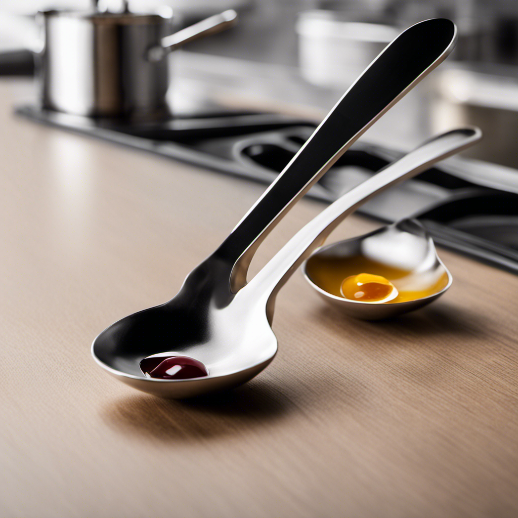 An image showcasing a measuring spoon filled with precisely measured 5 teaspoons of liquid, labeled with metric units