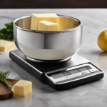 An image that showcases a sleek, modern kitchen scale displaying 50 grams of creamy butter, while a delicate silver teaspoon delicately measures out the equivalent amount, exuding precision and accuracy