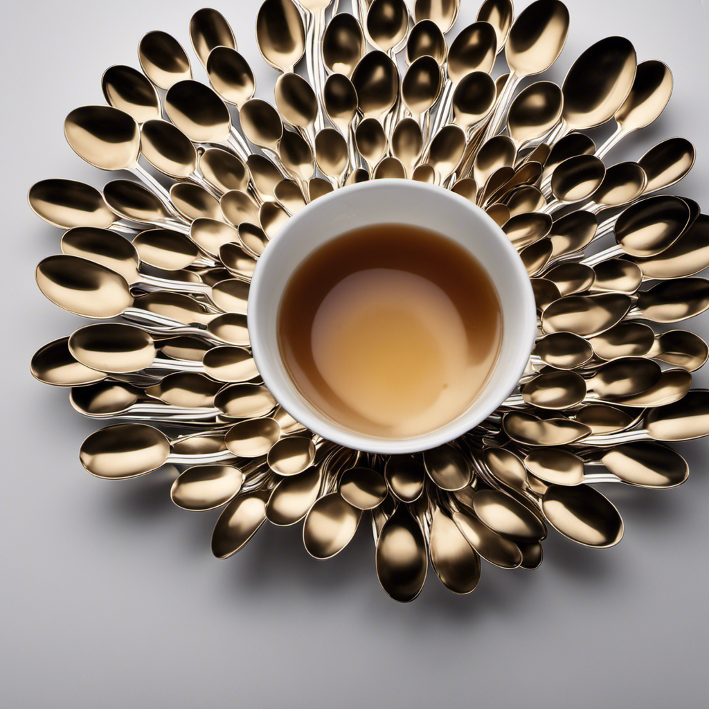 An image depicting 50 perfectly aligned teaspoons pouring their contents into a single, overflowing cup, showcasing the conversion of teaspoons to cups