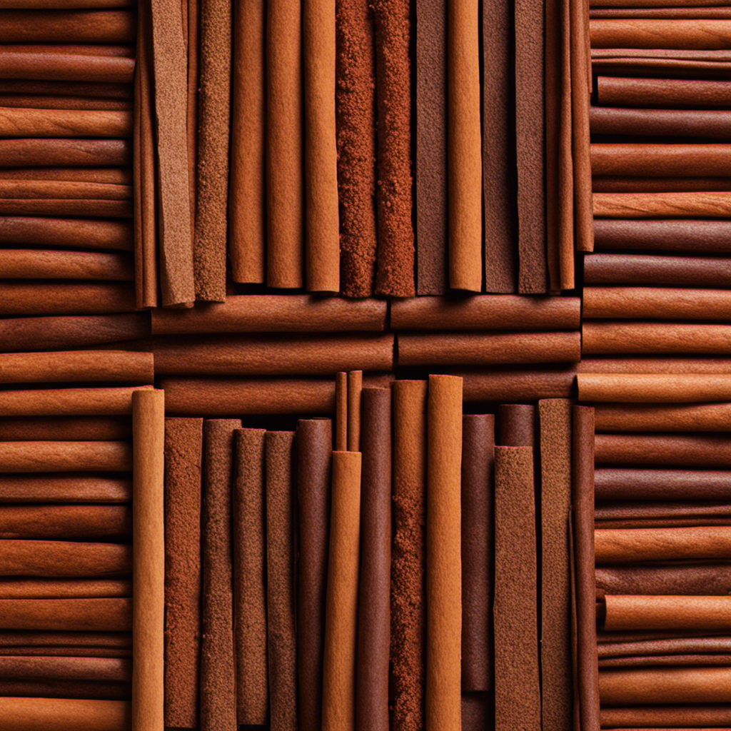 An image showcasing 50 teaspoons of cinnamon arranged in neat rows, forming a vibrant mosaic of warm, earthy tones