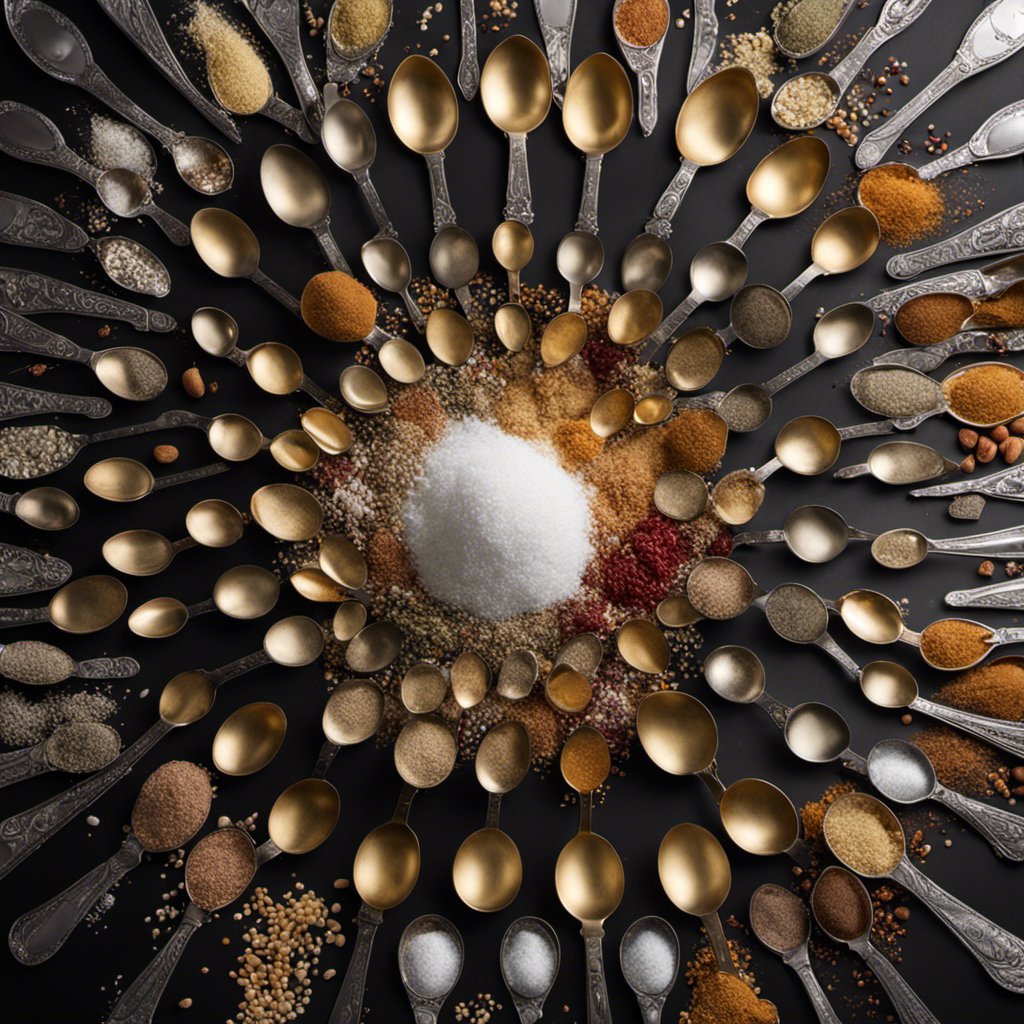 An image that showcases 50 meticulously measured teaspoons of sugar, artfully arranged next to a precise scale displaying the equivalent weight in grams, vividly illustrating the conversion from teaspoons to grams