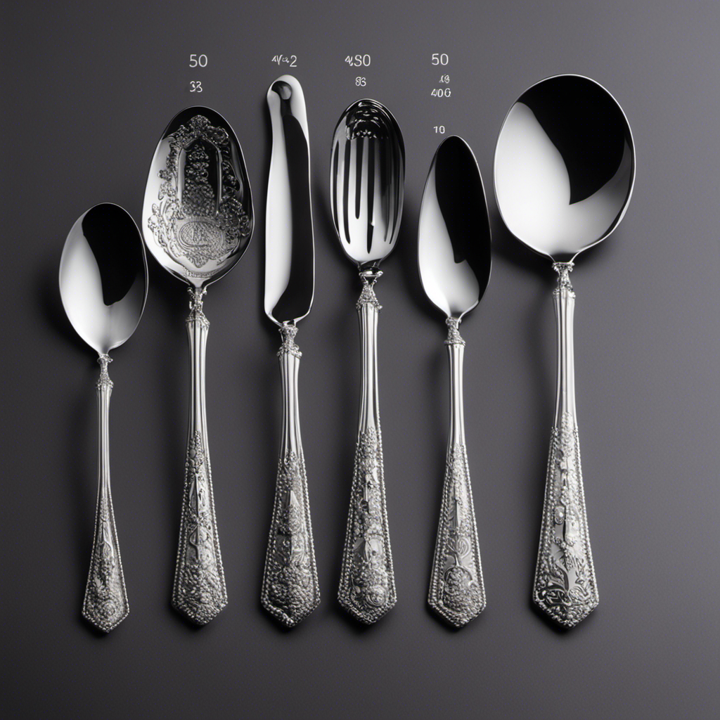 An image showcasing a precise measurement of 500 grams of a substance being poured into a collection of delicate, elegant teaspoons, highlighting the conversion from grams to teaspoons