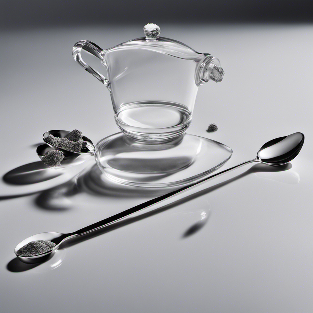 An image showcasing a clear glass measuring spoon filled with 500mg of a fine, white powder, while surrounded by two identical teaspoons filled with water up to the same level