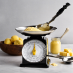 An image showcasing a traditional kitchen scale with a scoop holding precisely 50g of butter